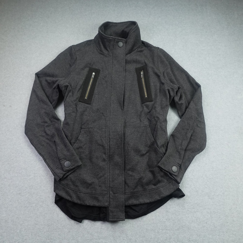 Cabi Jacket Womens XS Gray Mesh Back Love Carol Buckle Mock Neck Active